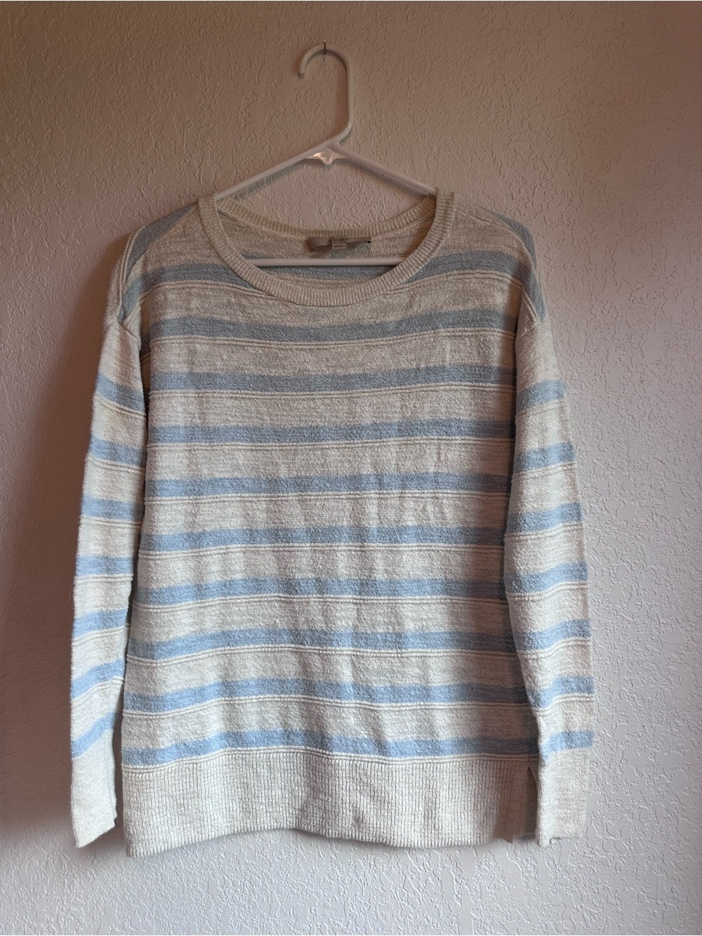 LOFT Cream & Light Blue Striped Crewneck Sweater